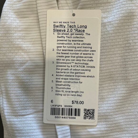 NWT Lululemon White Swiftly Tech Long Sleeve Shirt 2.0 - Waist Length, Size 6 - Picture 6 of 10